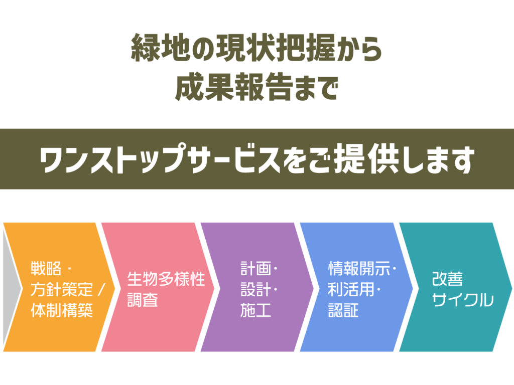 エコアセット・コンソーシアムは緑地の現状把握から成果報告までワンストップサービスをご提供します。
1つ、戦略・方針策定/体制構築。
2つ、生物多様性調査。
3つ、計画・設計・施工。
4つ、情報開示・利活用・認証。
5つ、改善サイクル。